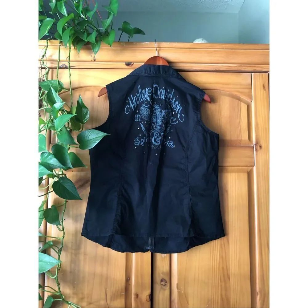 Harley Davidson Womens 1W Black Studded Moto Vest Graphic Back - Picture 7 of 14
